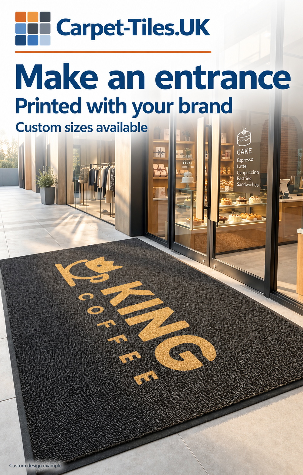 Carpet Tiles UK custom logo entrance mat design example, with English branding