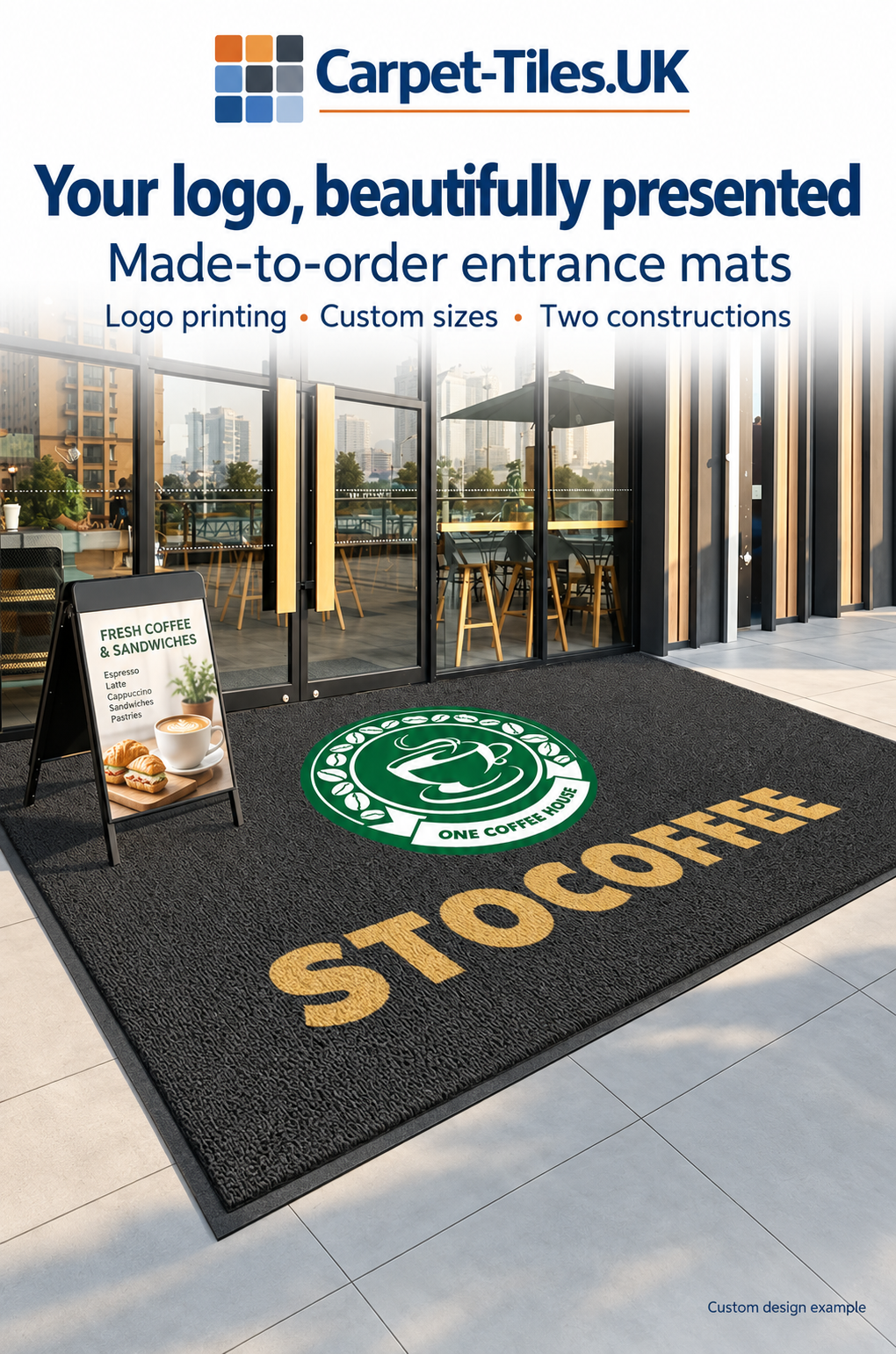 Carpet Tiles UK custom logo entrance mat design example, with English branding